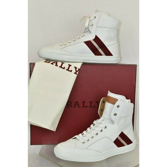 BALLY OLDANI WHITE LEATHER HI TOP LACE UP LOGO STRIPE CLASSIC SNEAKERS US 9 D - Picture 1 of 12